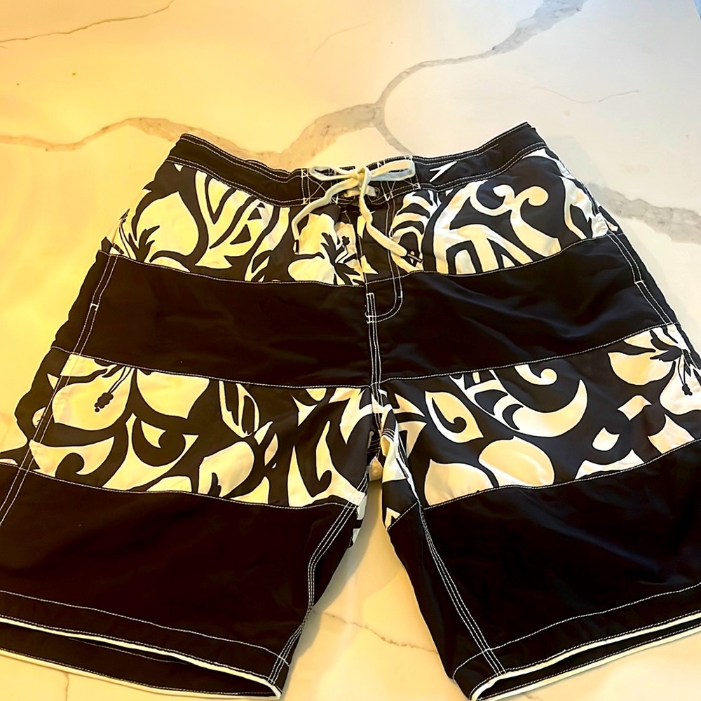 Speedo Mens swim trunk navy & white Hawaiian print Size L